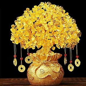Feng Shui Citrine Yellow Crystal Money Tree with Chinese Dragon Pots